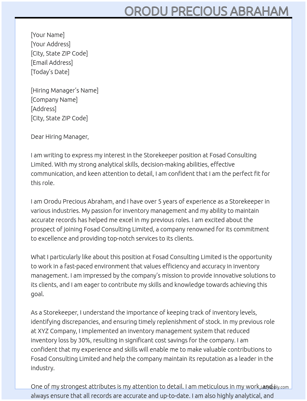 STOREKEEPER  At Fosad Consulting Limited  Cover Letter