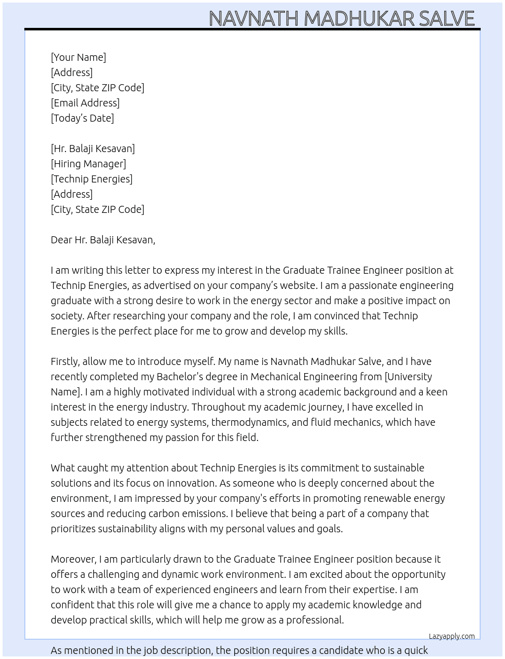 Graduate Trainee Engineer  At Technip Energies  Cover Letter