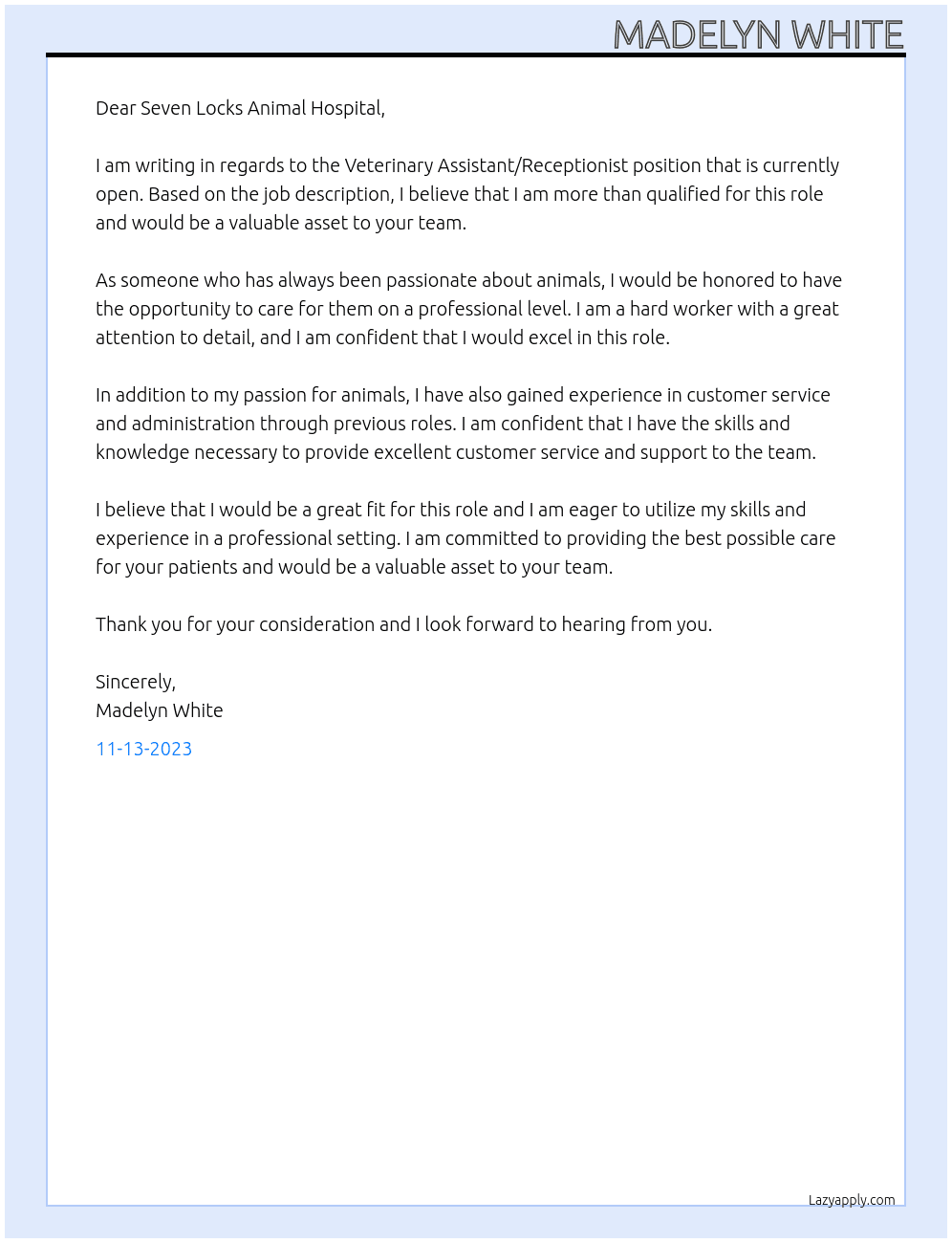 Veterinary Assistant/Receptionist At Seven Locks Animal Hospital Cover Letter