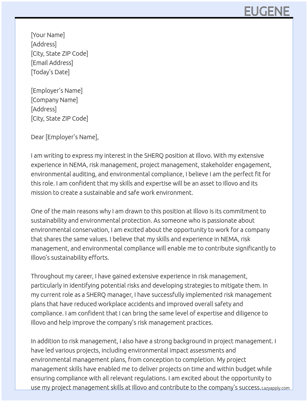 SHERQ At Illovo  Cover Letter