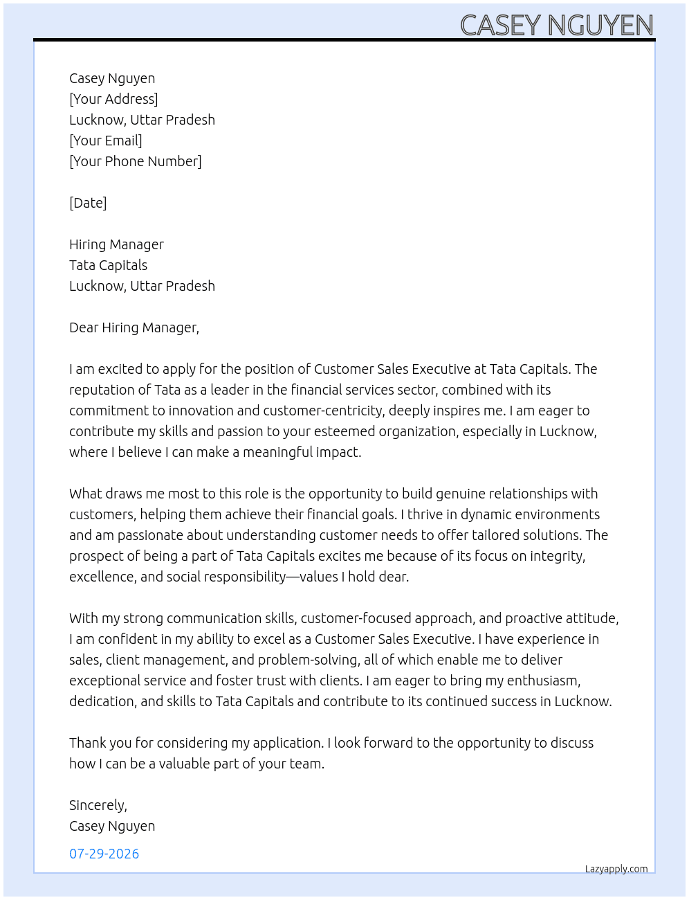 Customer Sales Executive  At Tata Capitals Cover Letter