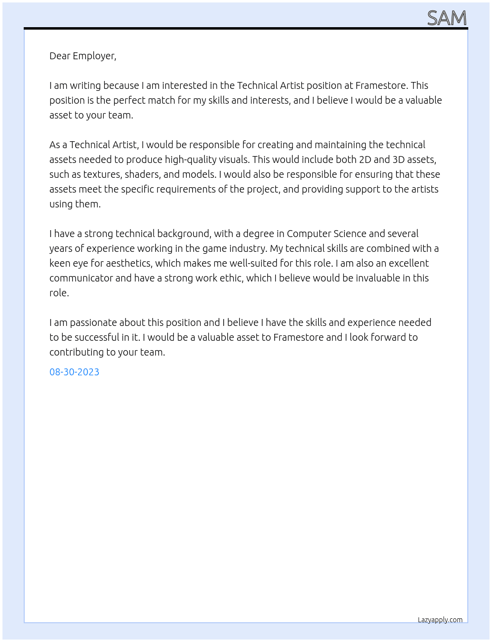 Technical Artist At Framestore  Cover Letter