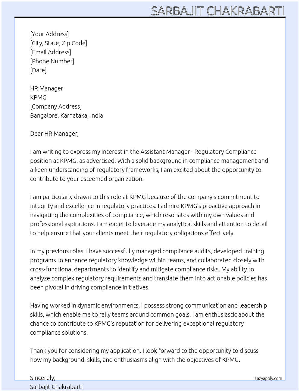 Assistant Manager - Regulatory Compliance At KPMG Cover Letter