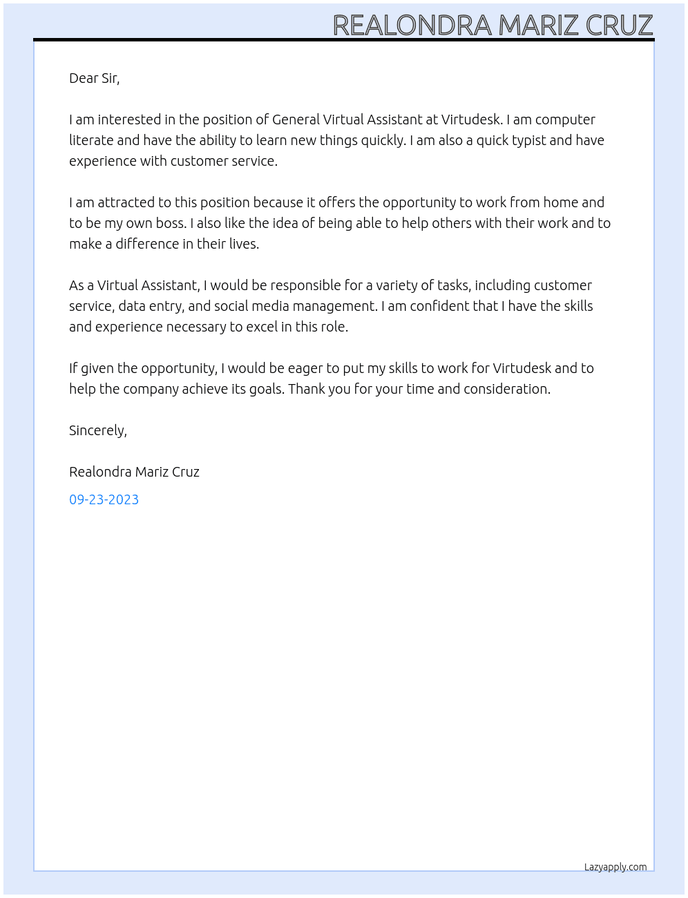 General Virtual Assistant At Virtudesk Cover Letter