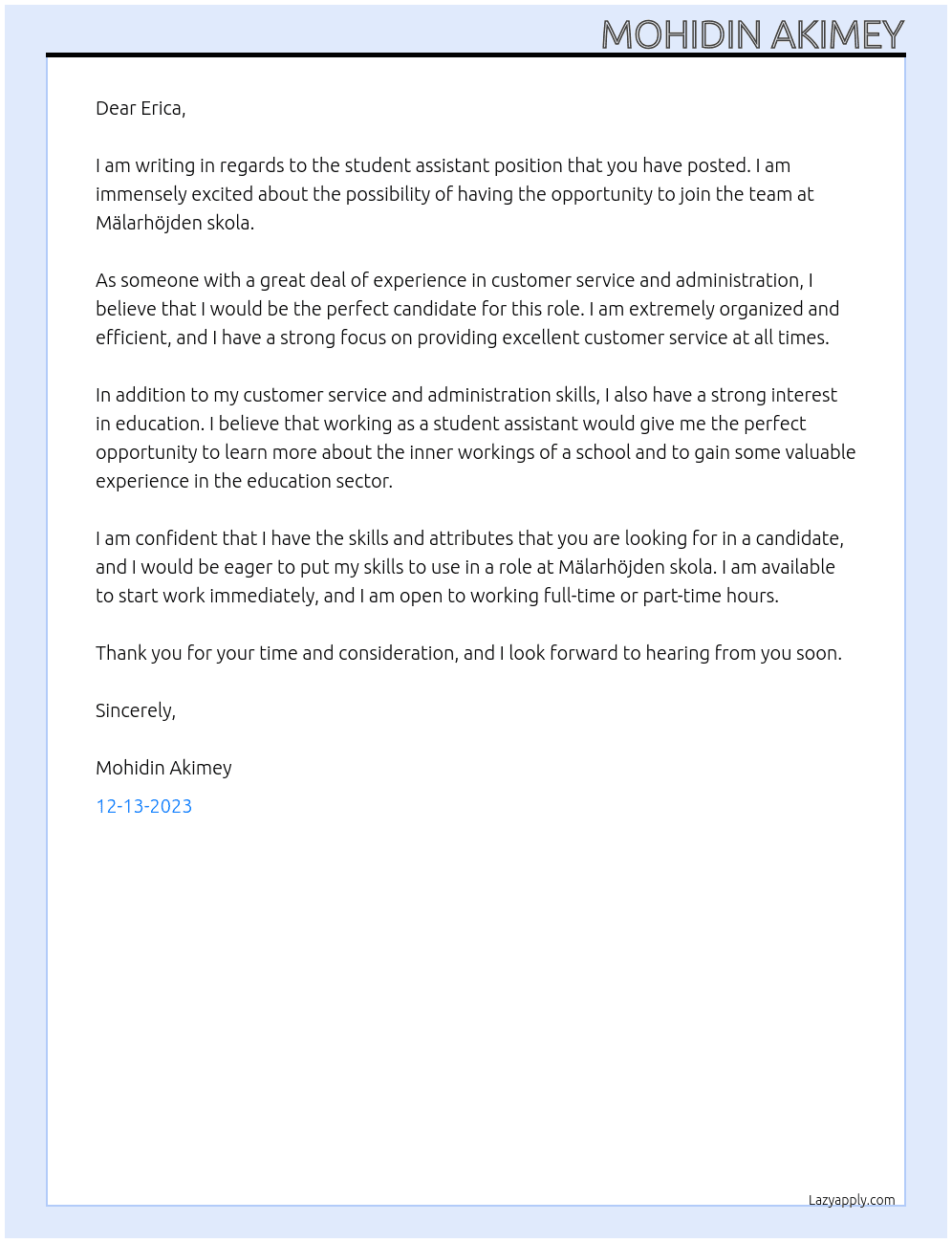 Student assistant At Mälarhöjden skola Cover Letter