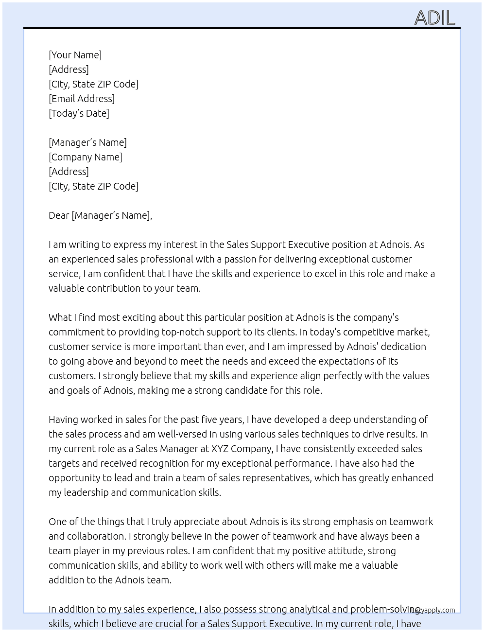 Sales support executive At Adnois  Cover Letter