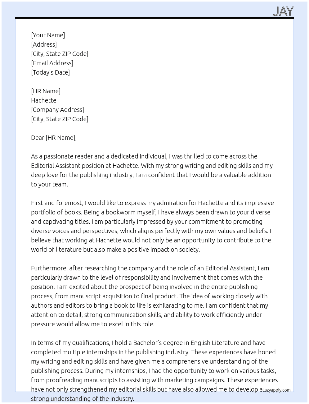 Editorial assistant At Hachette Cover Letter
