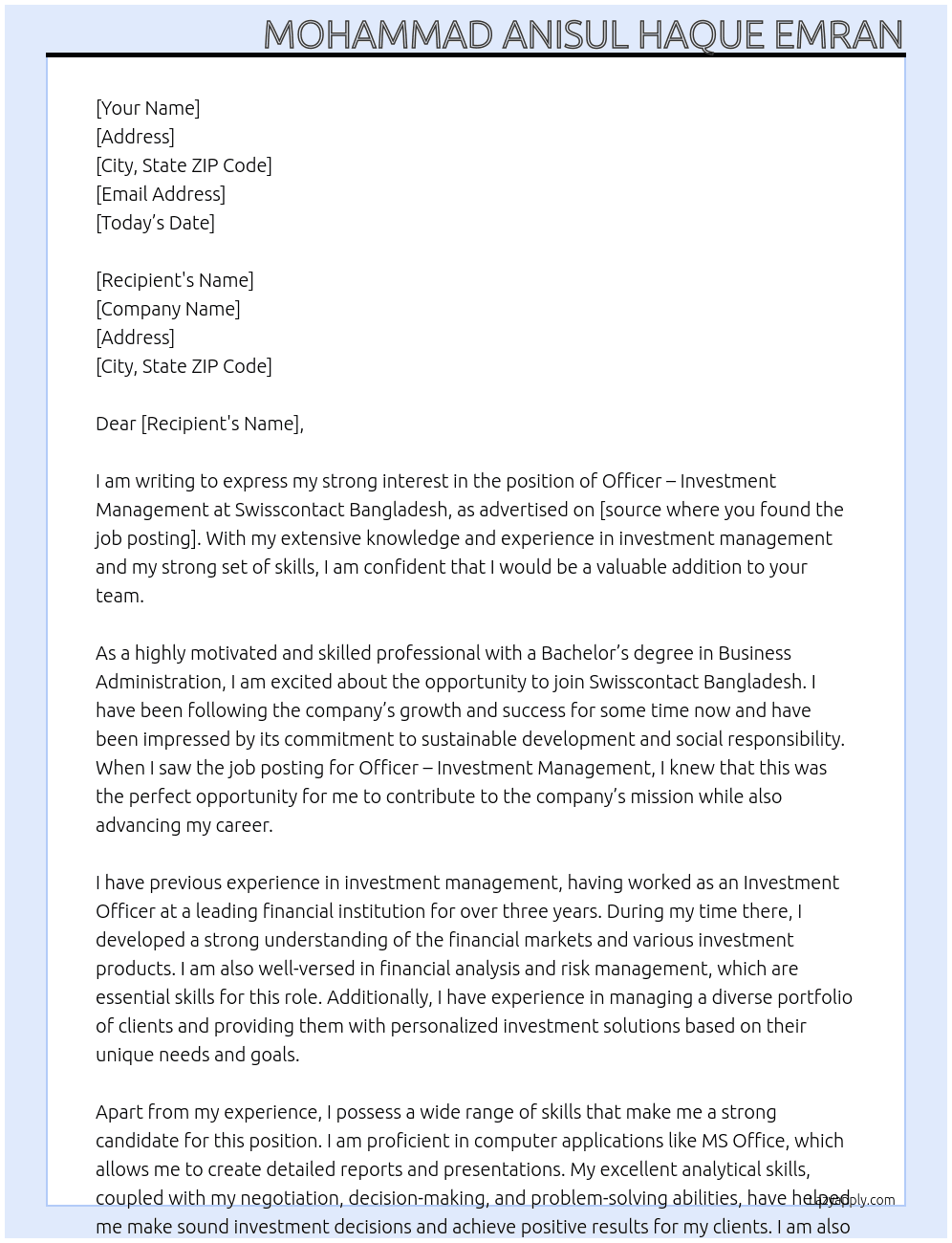 Officer - Investment Management At Swisscontact Bangladesh Cover Letter