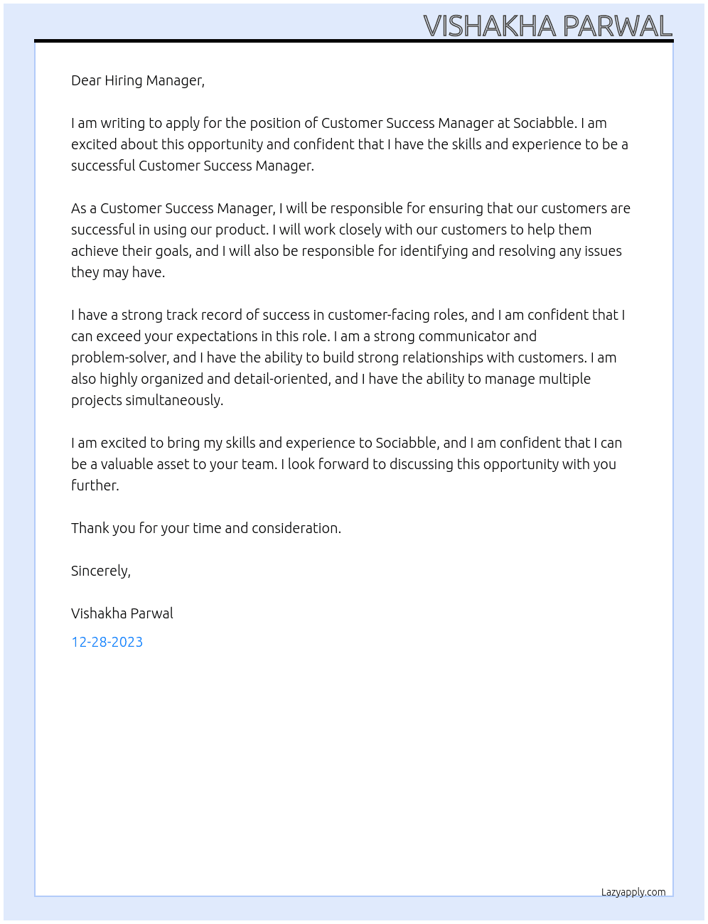 Customer success manager  At Sociabble Cover Letter