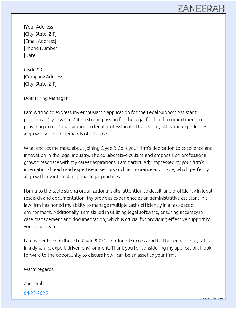 Legal support assistant At Clyde and CO Cover Letter