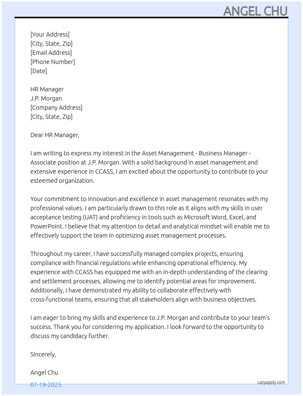 Cover letter for asset management - business manager - associate - LazyApply