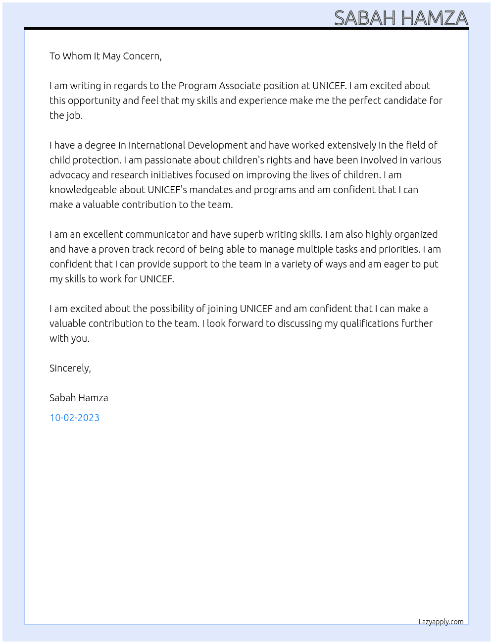 Program Associate At unicef Cover Letter