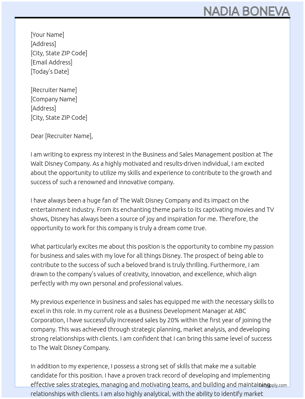 Business and Sales Management At The Walt Disney Company  Cover Letter