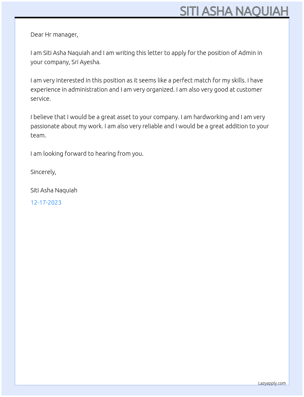Admin At Sri Ayesha Cover Letter