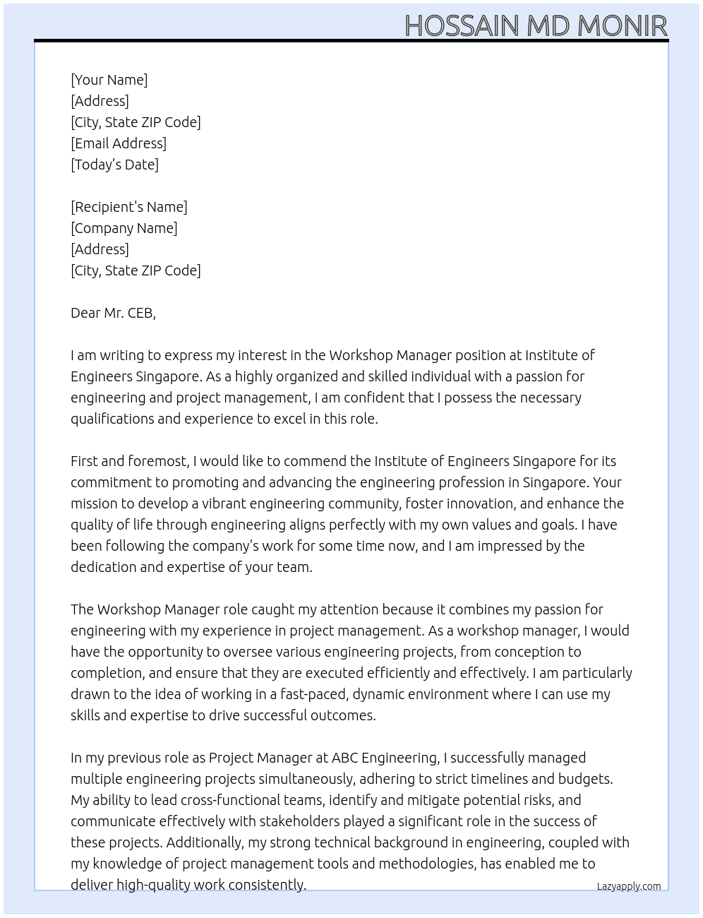 Workshop Manager At Institute of Engineers Singapore Cover Letter