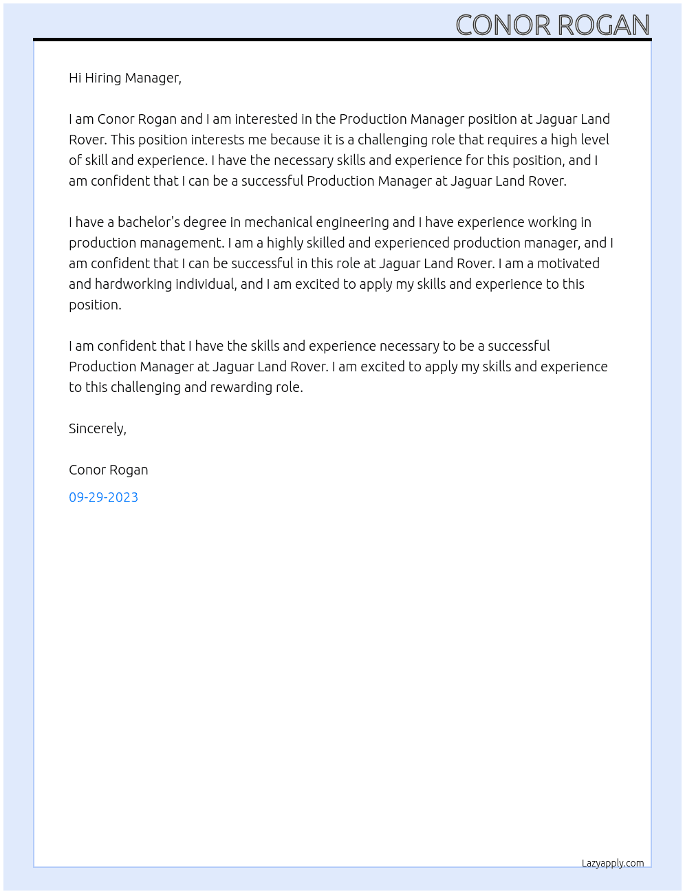Production Manager At Jaguar Land Rover Cover Letter