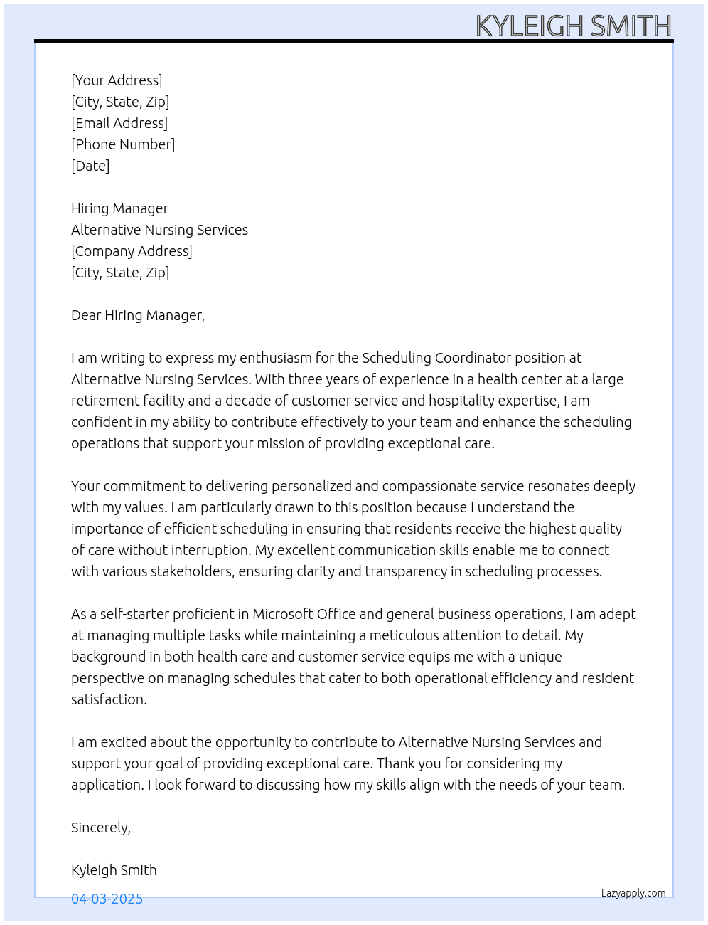Scheduling coordinator At Alternative Nursing Services Cover Letter