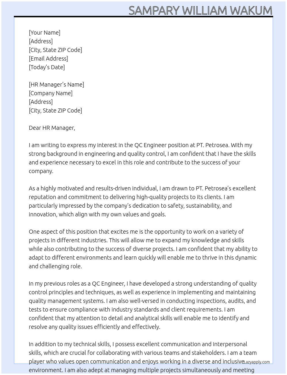 QC Engeneer At PT. Petrosea Cover Letter