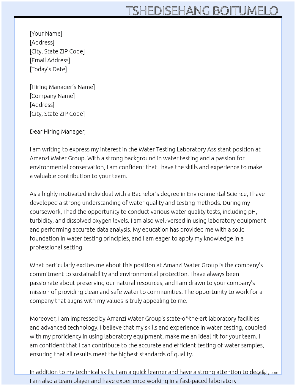 Water testing Laboratory assistant At Amanzi Water group Cover Letter