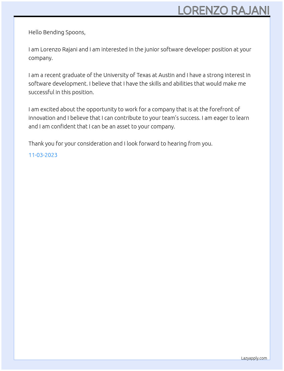 junior software developer At Bending Spoons Cover Letter