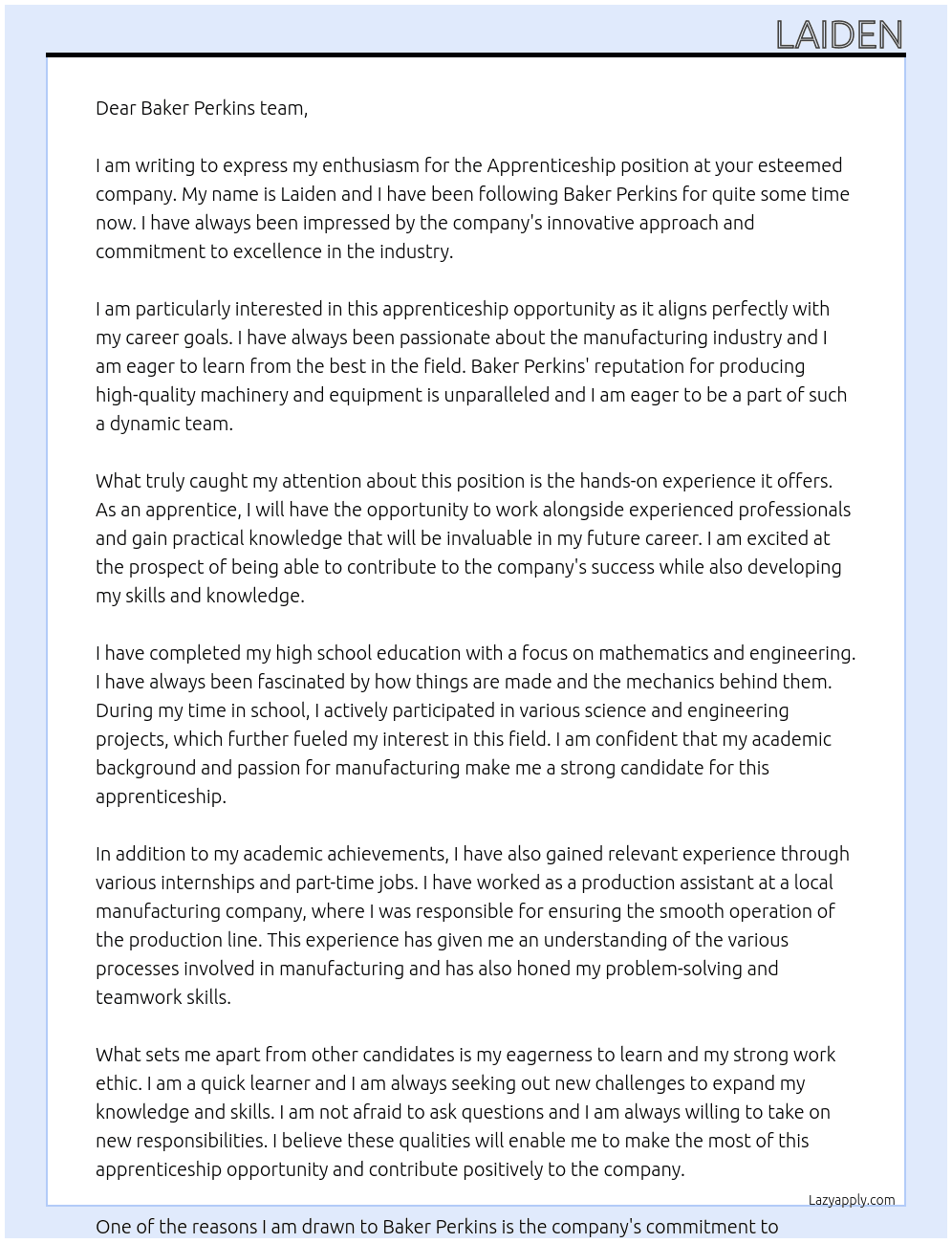 Apprenticeship At Baker perkins Cover Letter