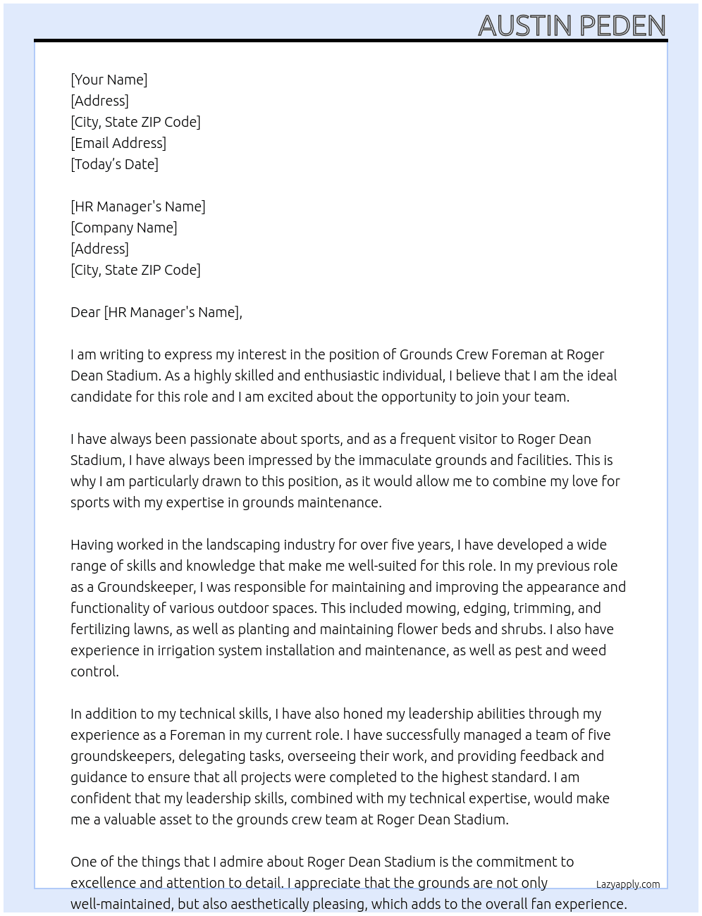 GROUNDS CREW FOREMAN At ROGER DEAN STADIUM Cover Letter