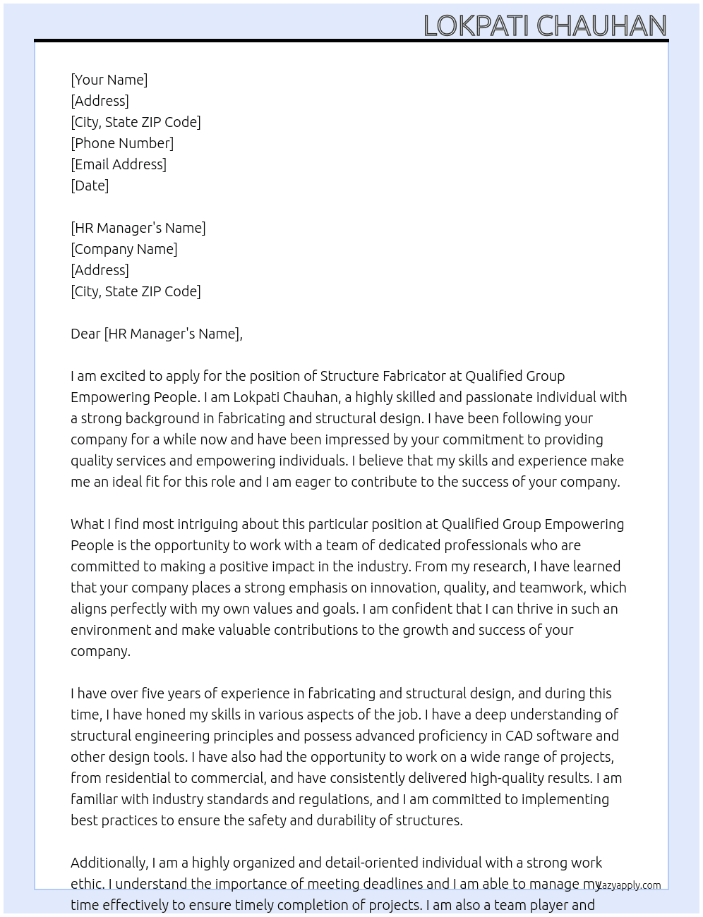 Cover letter for structure fabricator - LazyApply