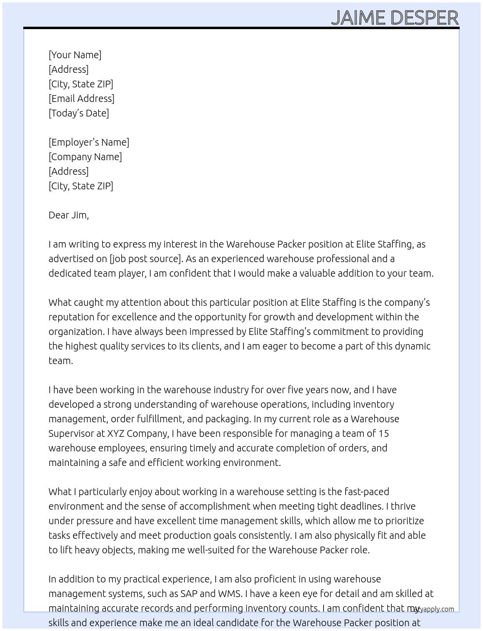Warehouse Packer - job post At  Elite Staffing Cover Letter