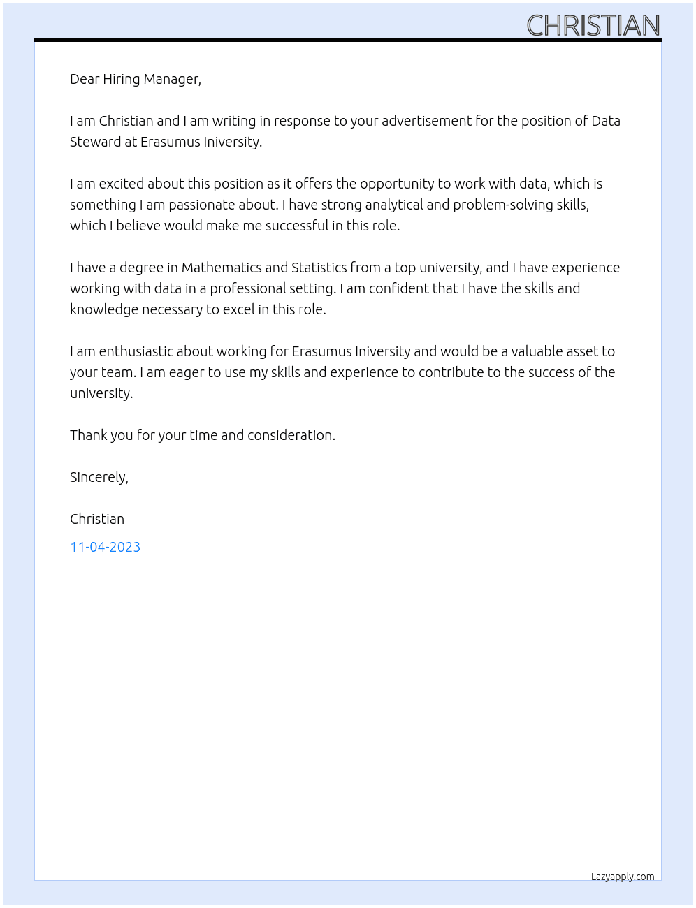 Data Steward At Erasumus Iniversity Cover Letter