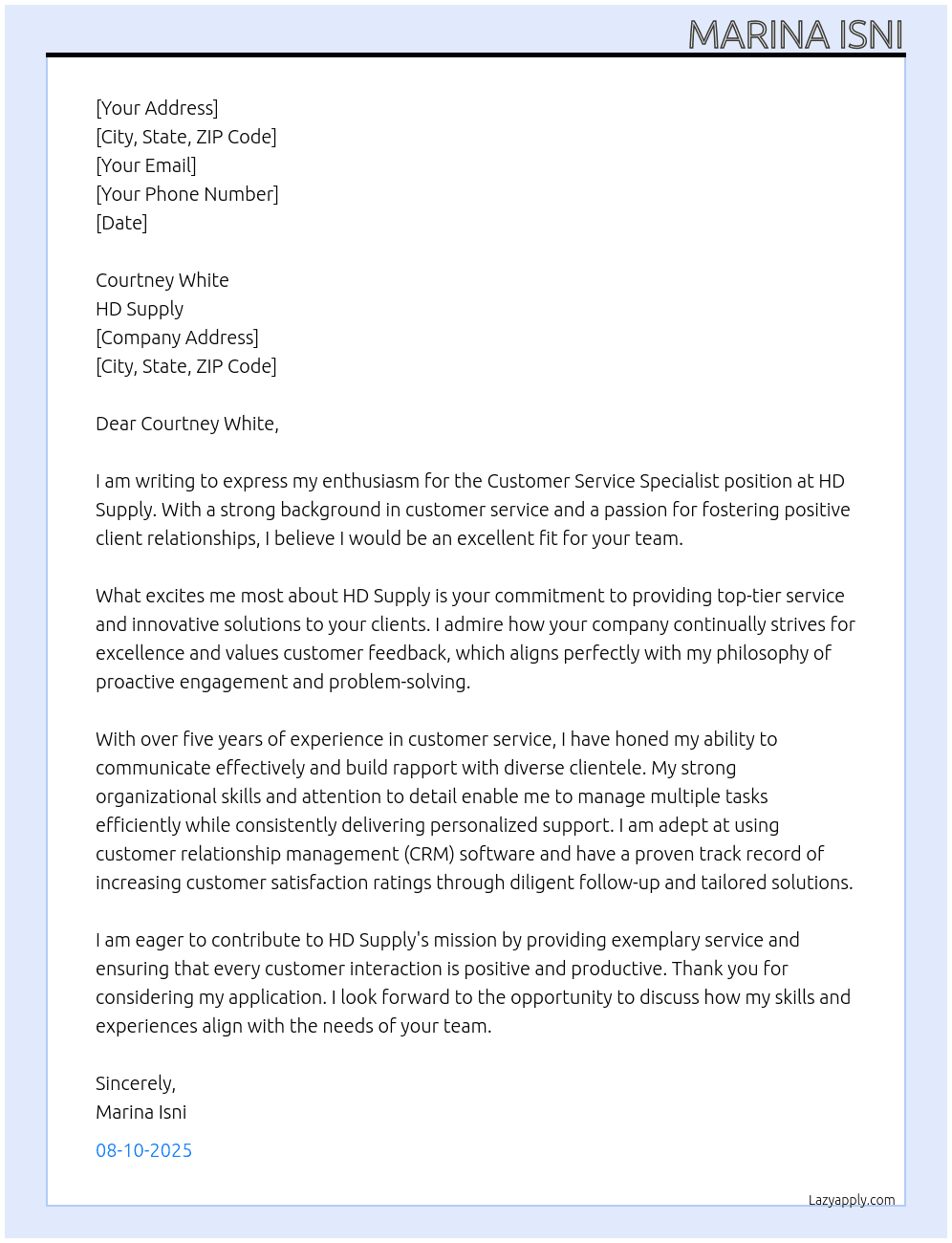 Customer Service Specialist At HD Supply Cover Letter