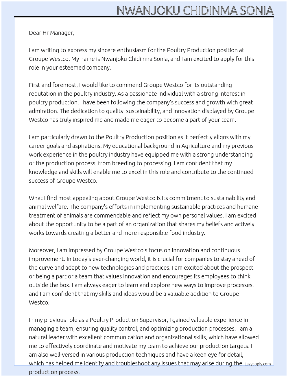 Cover letter for poultry production - LazyApply