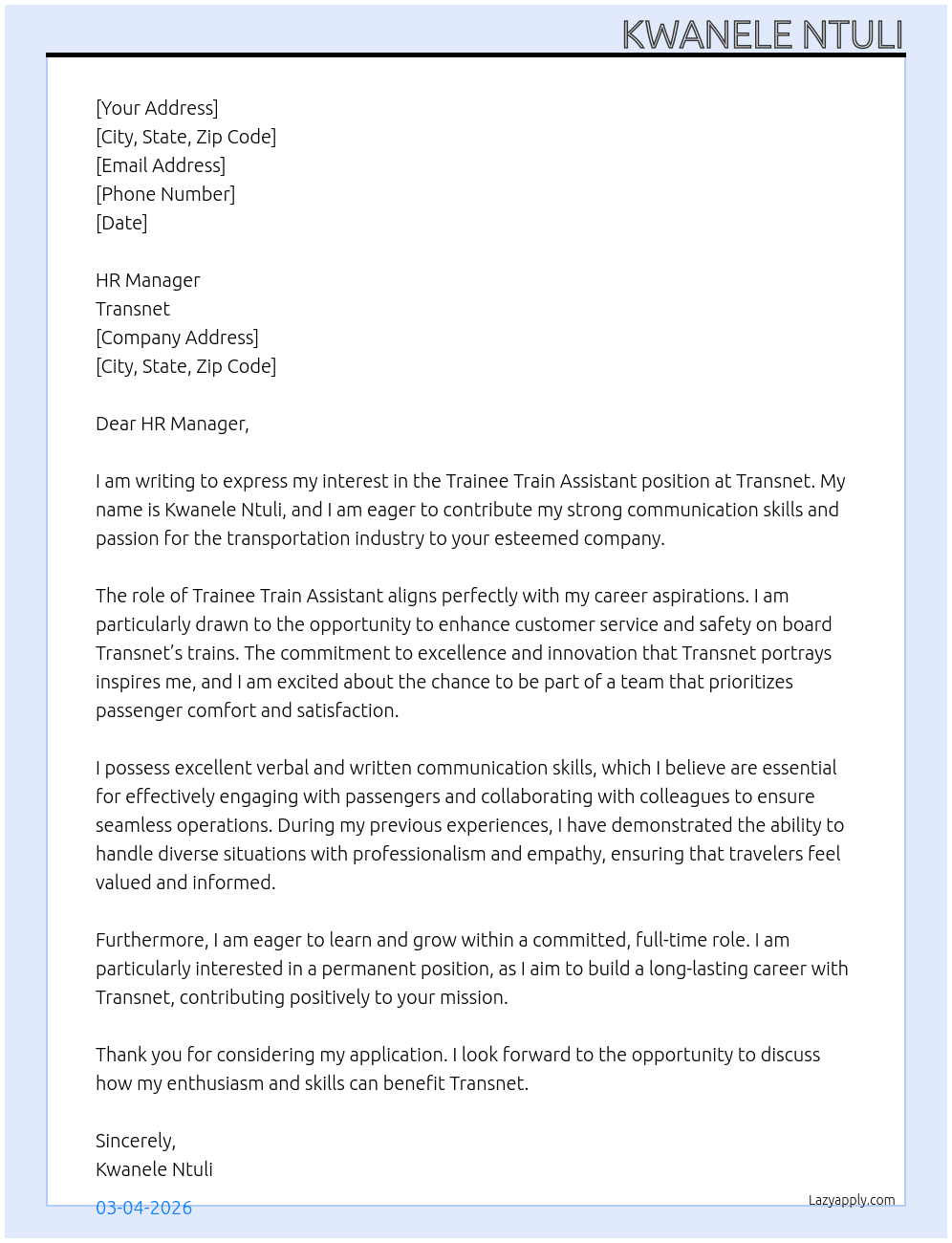 Cover letter for trainee train assisstant - LazyApply