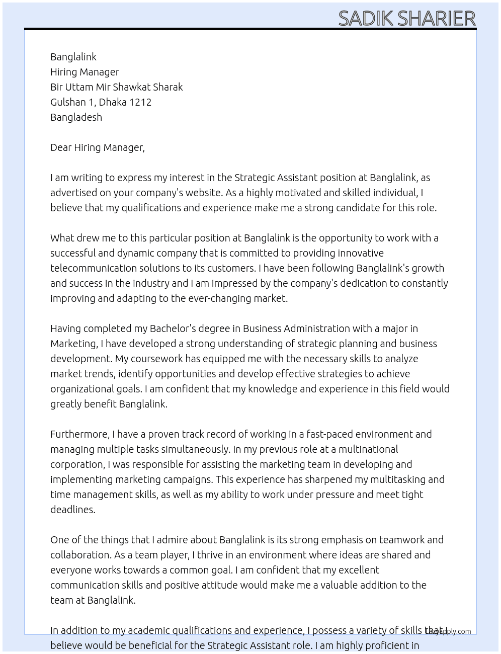 Strategic Assistant At Banglalink  Cover Letter