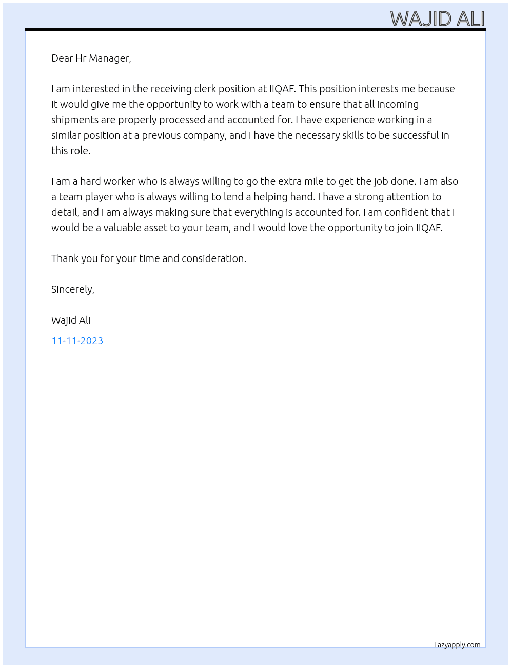 Receiving Clerk At IIQAF Cover Letter