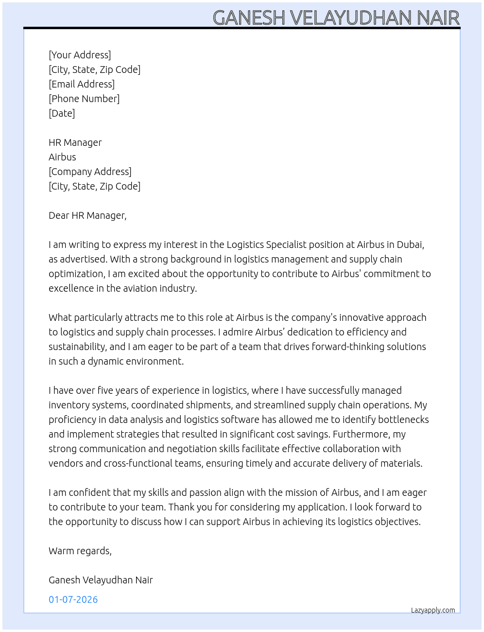 Logistics Specialist At Airbus Cover Letter
