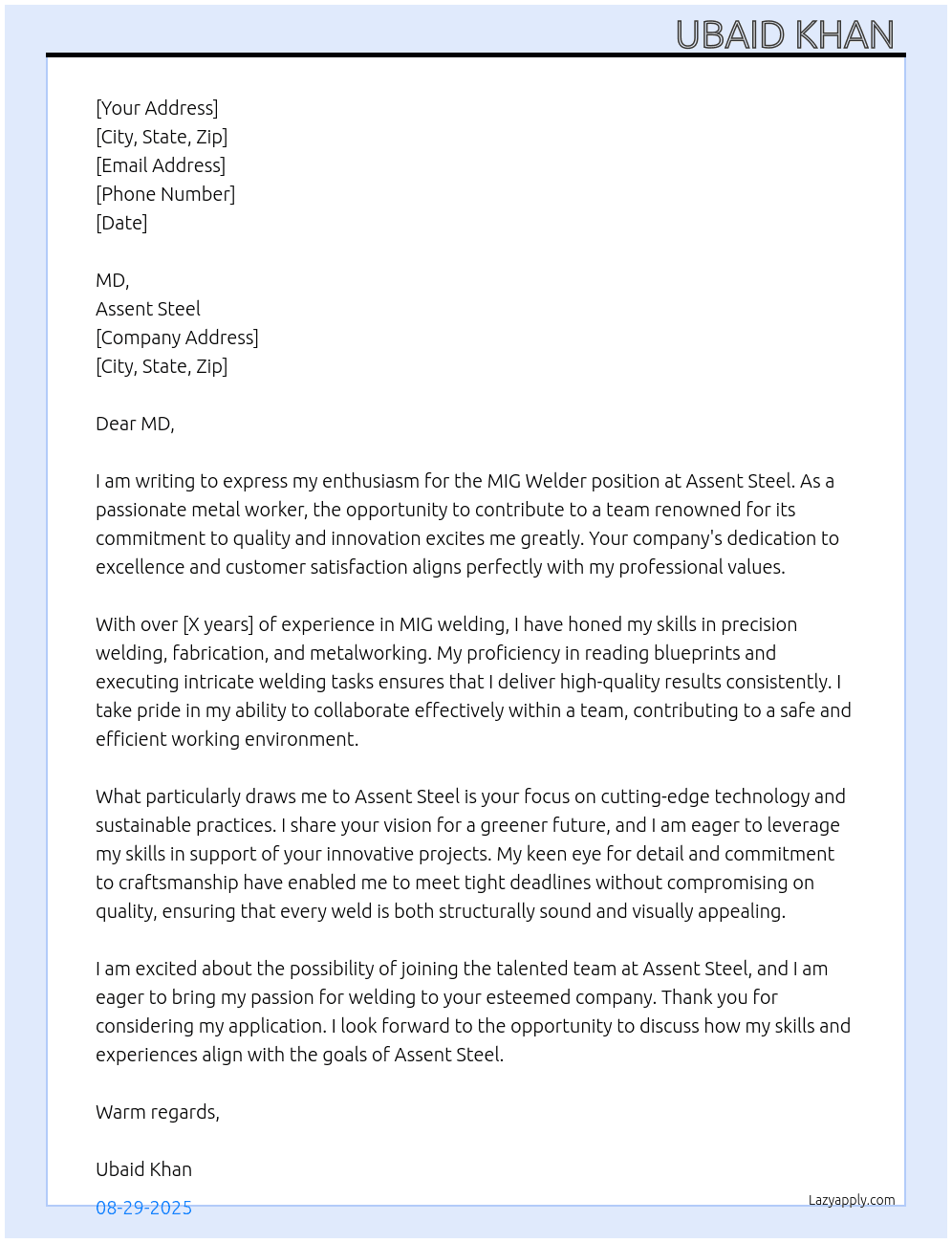Mig welder  At Assent steel  Cover Letter