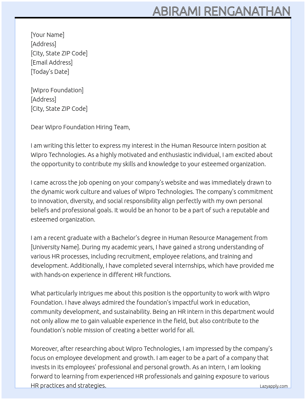 Human resource intern At Wipro technologies Cover Letter