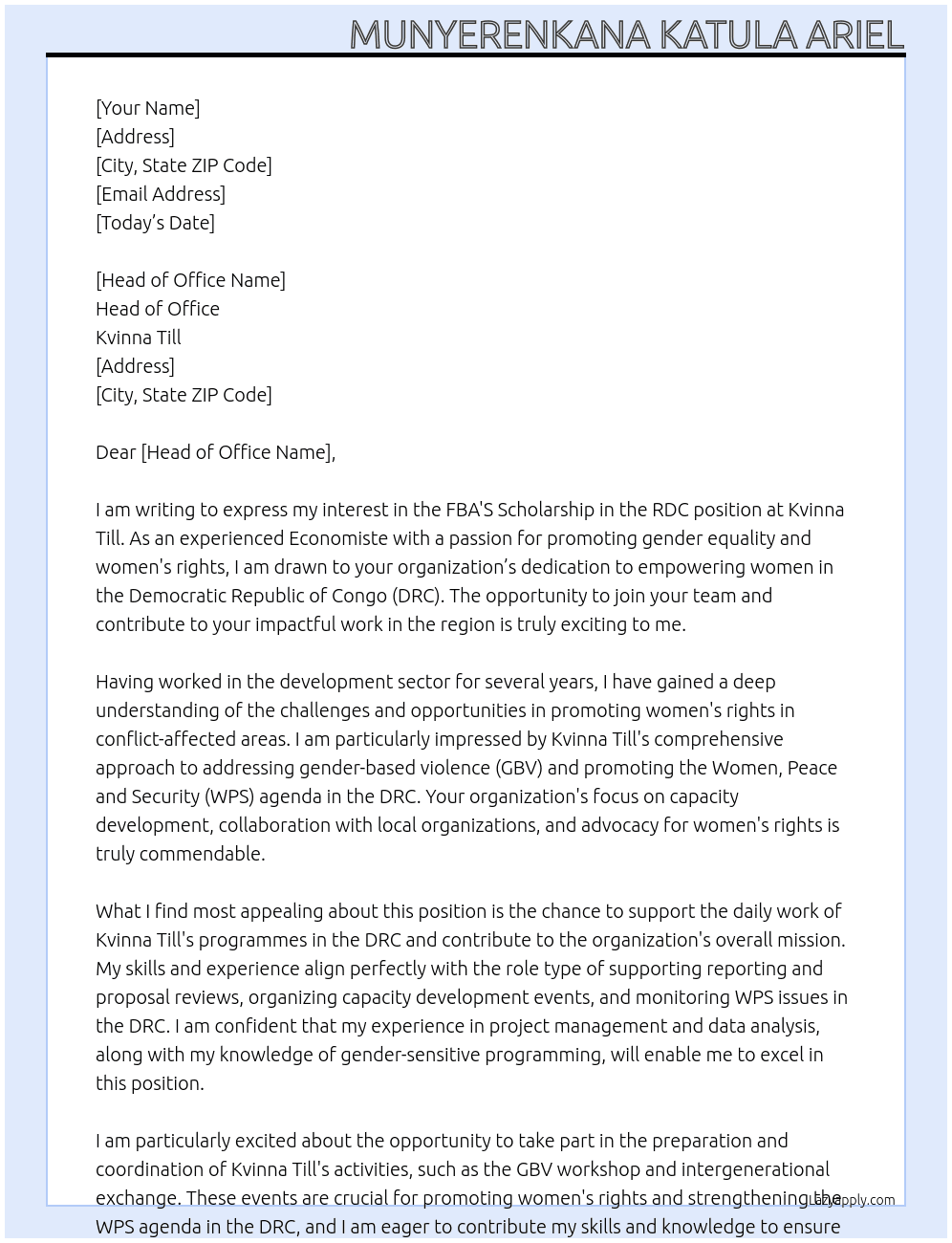 FBA'S SHholarship in the RDC At KVINNA TILL Cover Letter