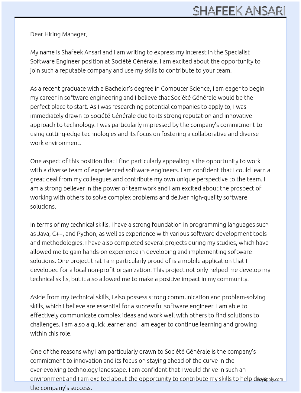 Specialist Software Engineer [fresher] At Société Générale Cover Letter