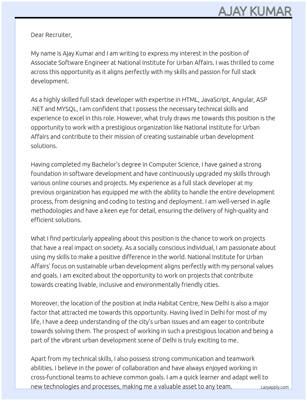 Associate Software Engineer At National Institute for Urban Affairs Cover Letter