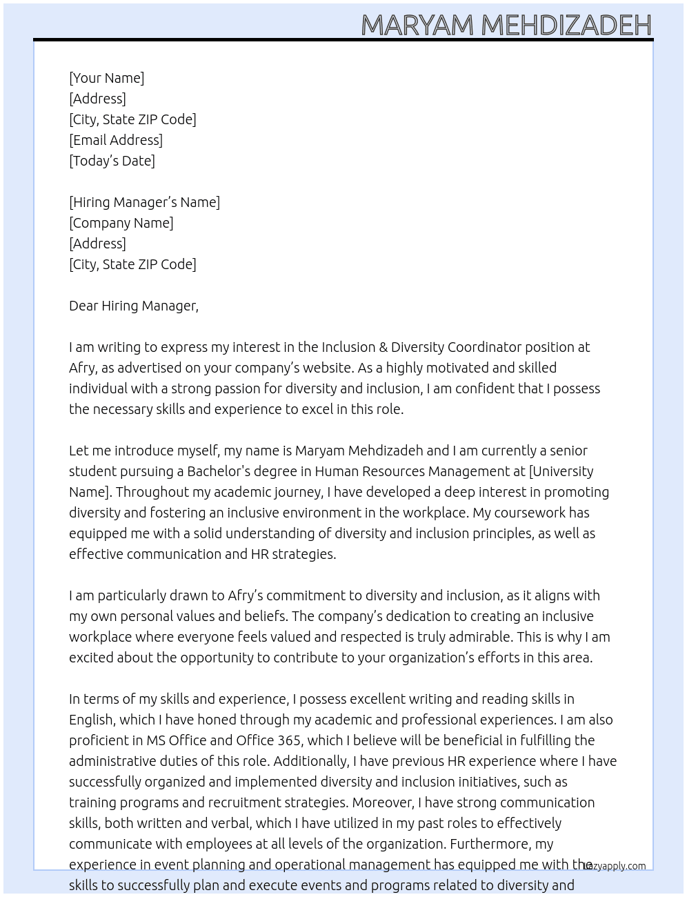 Inclusion & Diversity Coordinator At Afry Cover Letter