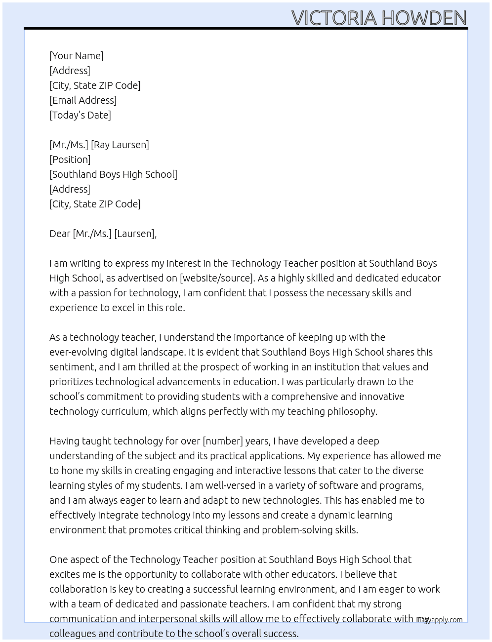 Technology Teacher At Southland Boys High School Cover Letter