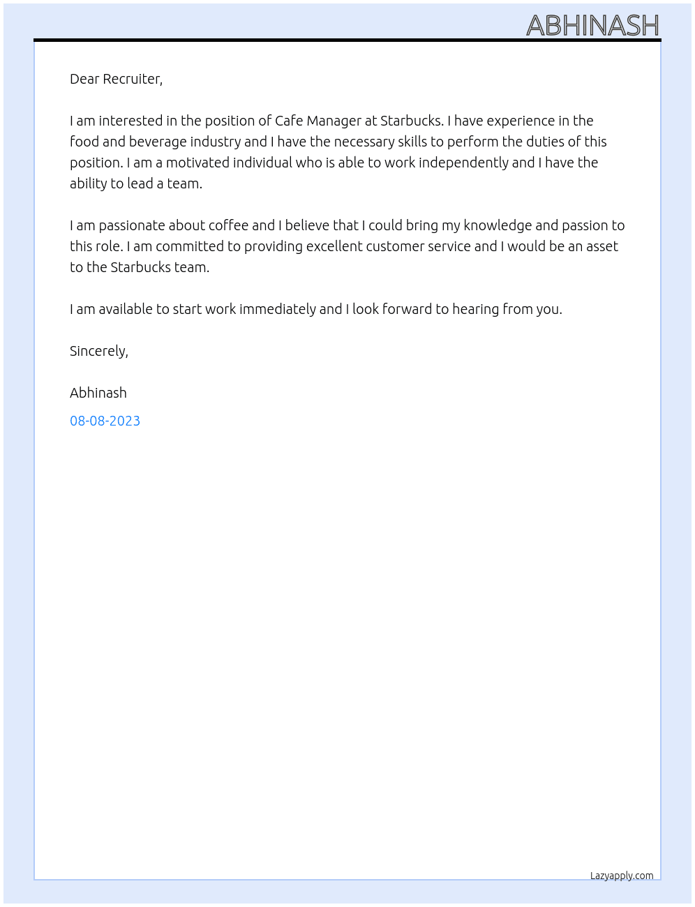 Cafe Manager At Starbucks Cover Letter