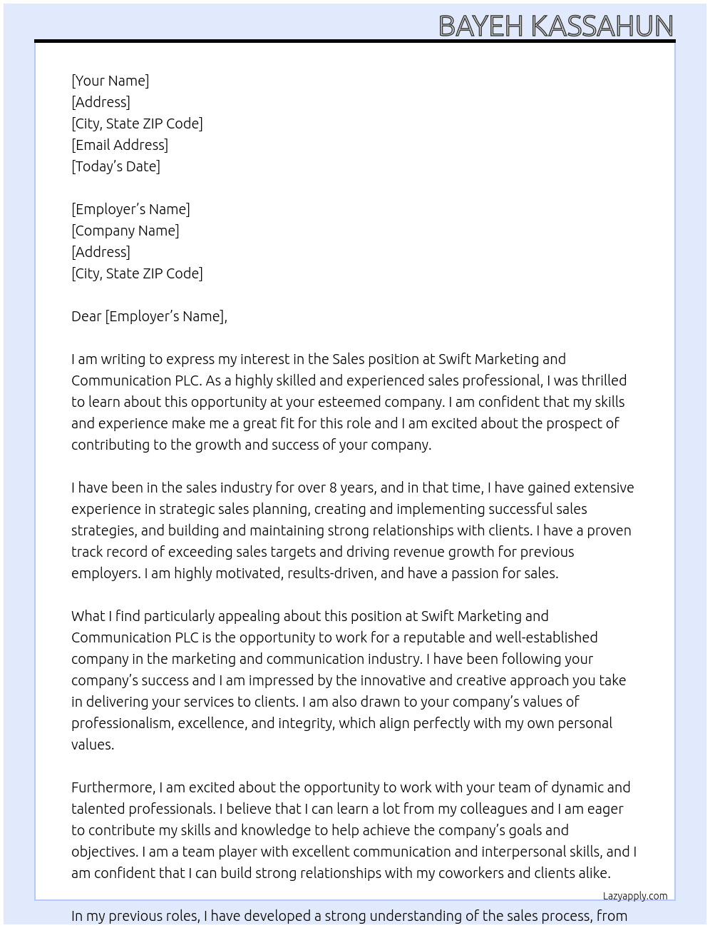 Sales  At Swift Marketing and Communication PLC Cover Letter