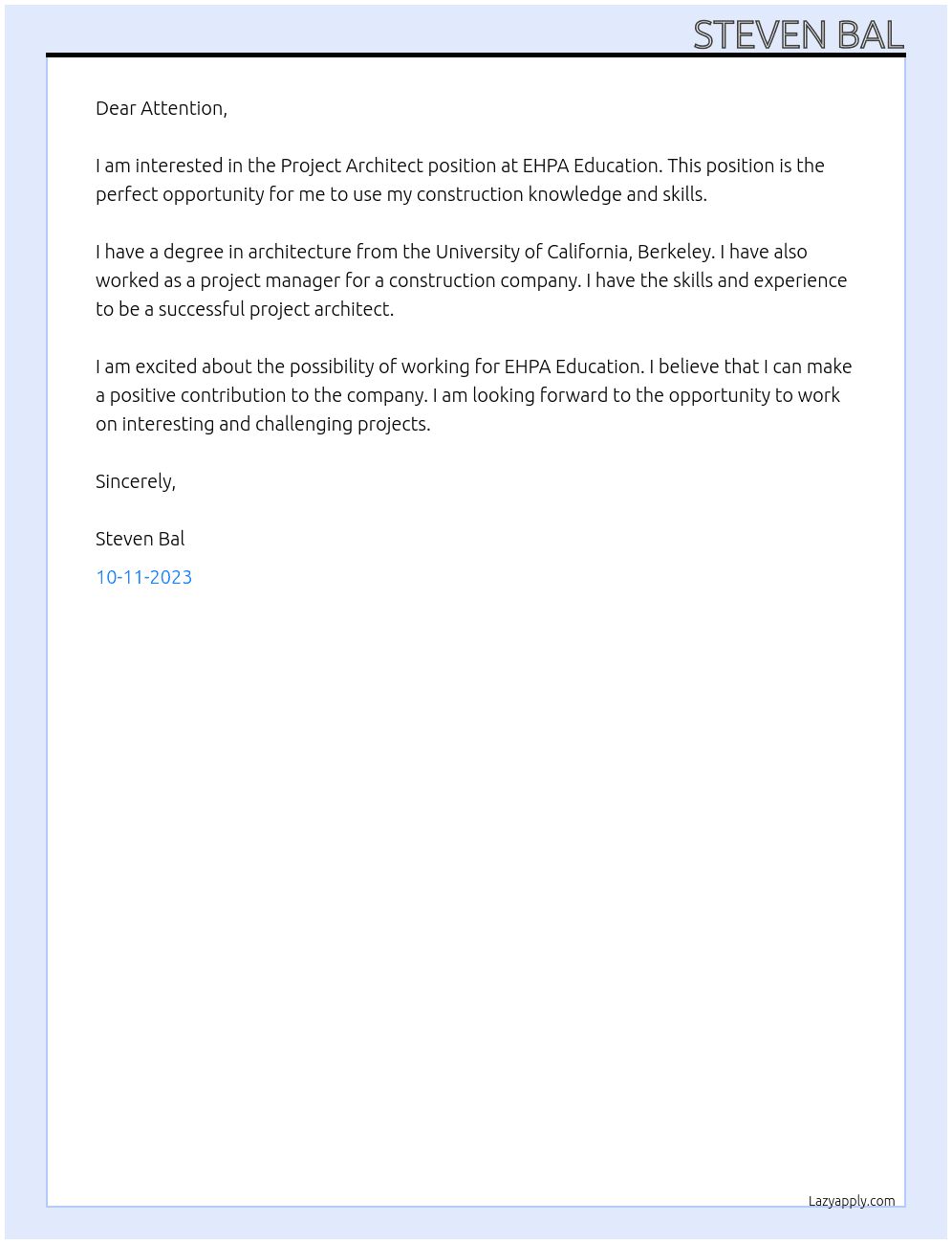 construction At EHPA Education  Cover Letter