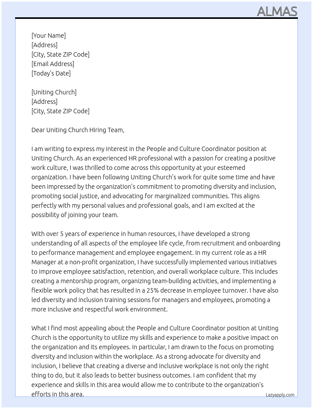 People and Culture Coordinator At Uniting Church Cover Letter