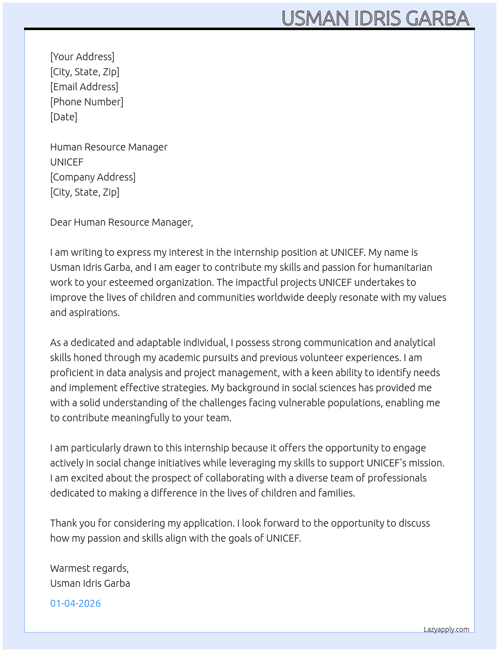 Cover letter for application for an internship - LazyApply