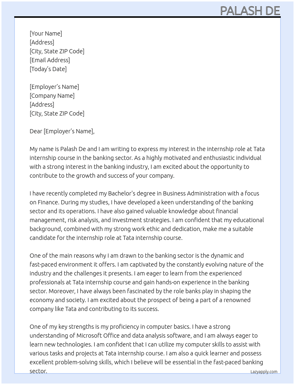 Banking sector  At Tata intership course  Cover Letter