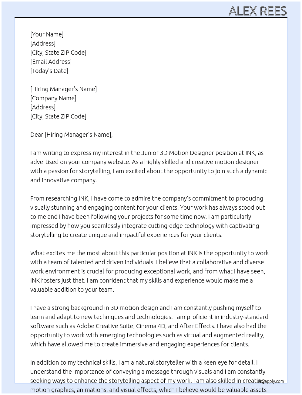 junior 3d motion designer  At INK Cover Letter