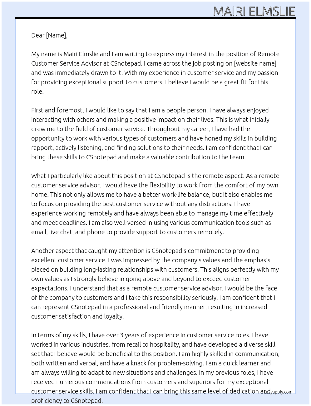 Remote Customer Service Advisor  At CSnotepad Cover Letter